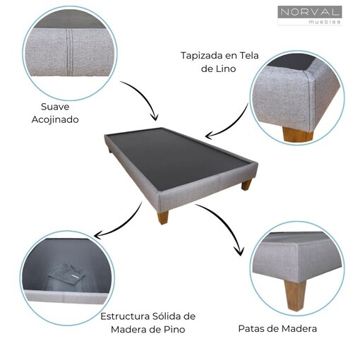 Base para Cama Individual NORVAL Muebles Base Nevada con patas Altas de Madera con Moderno tapiz en Lino Gris