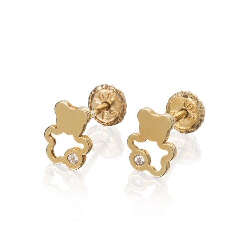 Aretes de Oro 14K broquel con circonia Oso Marca GIALLO Jewelry Joyería mexicana Oro 14K para Bebé, niñas, adultos