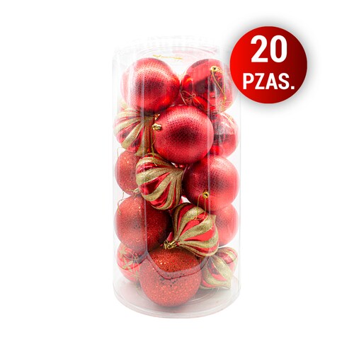 Esferas Navideñas De Plástico Grande 10 Cm 20 Pz Rojo con Dorado