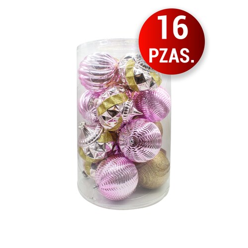 Esferas Navideñas Plástico Grandes Doradas Rosas 12cm 16 Pzs
