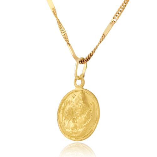 Medalla (Sin Cadena) Oro 18k Laminado #068 Forma circular Sagrada Familia tallada 1.5 cm alto diámetro 1.5 cm
