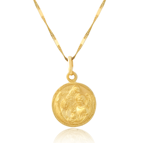 Medalla (Sin Cadena) Oro 18k Laminado #068 Forma circular Sagrada Familia tallada 1.5 cm alto diámetro 1.5 cm