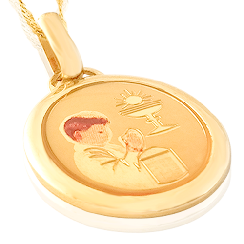 Medalla (Sin Cadena) Oro 18k Laminado #090 Forma Circular Niño Primera Comunión Alto 2 cm Diámetro 1.7 cm 