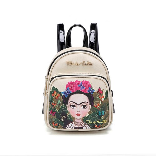 Mini Mochila Frida Kahlo Cartoon Backpack Original Color beige con negro.