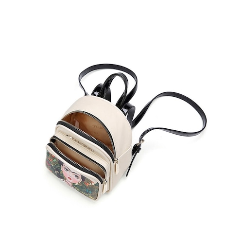 Mini Mochila Frida Kahlo Cartoon Backpack Original Color beige con negro.