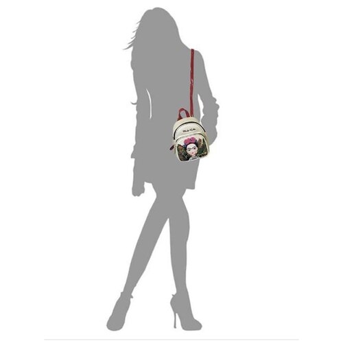 Mini Mochila Frida Kahlo Cartoon Backpack Original Color beige con rojo.