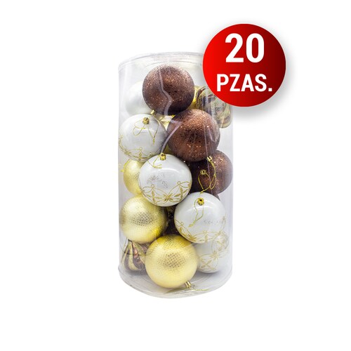 Esferas Navideñas De Plástico Grandes 10cm 20 Pzs Blanco Dorado Cafe