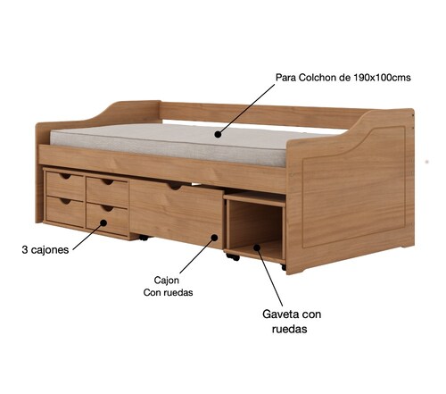Cama con cajones y módulos auxiliares