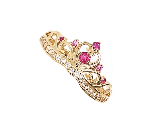 Elegante Anillo para Dama con Diseño de Corona y Circonias color Rosa en Oro Amarillo de 14 K + Obsequio