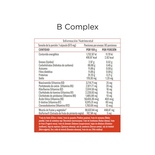 B COMPLEX | Complejo B 60 cápsulas de 673mg c/u | 40.38g | 8 vitaminas del complejo B | Sin aditivos| Fuente de antioxidantes | Bioperine