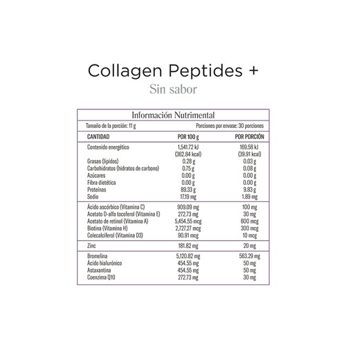 COLLAGEN PEPTIDES + | Colágeno 30 porciones de 11g | 330g | Colágeno Verisol | Ácido Hialurónico | Fuente de antioxidantes
