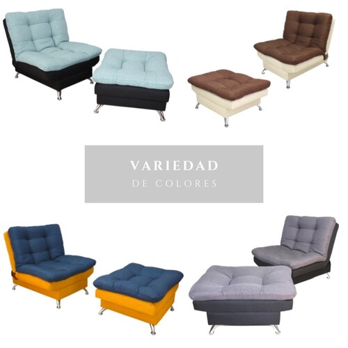 Sillón y Taburete Moderno Futón Individual tapiz Lino Negro y Turquesa