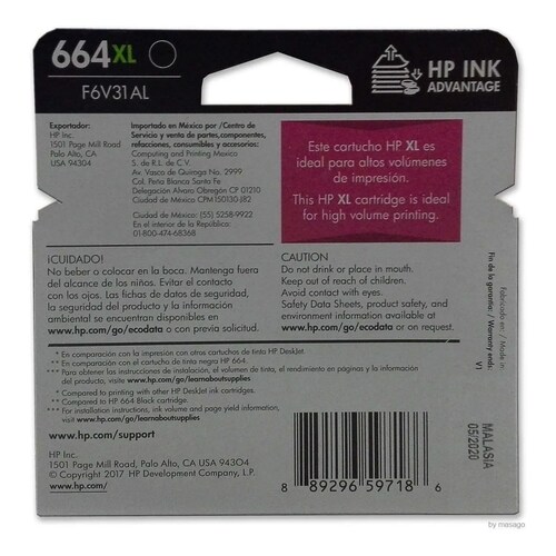 Cartucho Tinta Hp 664xl Negro F6v31al Original Alto Rendimiento.