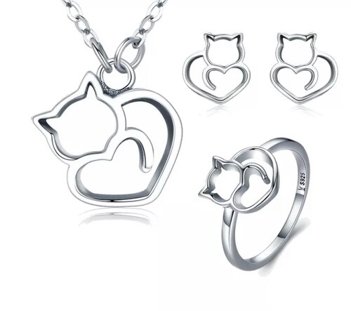 Juego De Collar, Aretes y Anillo Gato  Plata 925 Amour