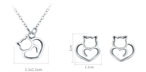 Juego De Collar, Aretes y Anillo Gato  Plata 925 Amour