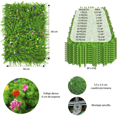 Follaje Artificial 20 Piezas Flores Muro Verde Pared Decorativo 60x40