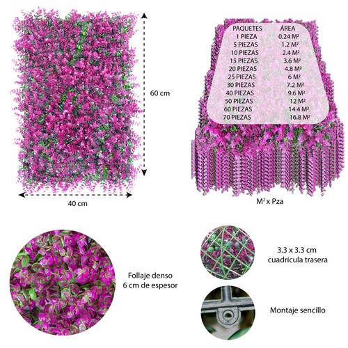 Muro Verde 20 Piezas Follaje Artificial Pared Decorativo 60x40 Pasto Rosa