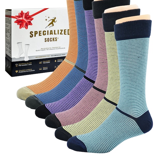 Specialized Socks Calcetines hombre/mujer aptos para diabéticos - Calidad Premium, suaves y extremadamente cómodos. Modelo DELGADO, de vestir, Rayas claras