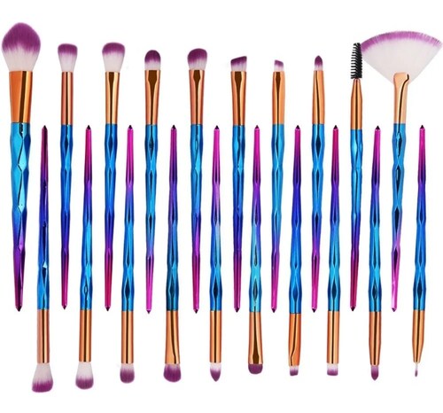 Set De 20 Brochas Pinceles De Maquillaje Prisma Diamante Azul con Rosa