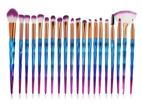 Set De 20 Brochas Pinceles De Maquillaje Prisma Diamante Azul con Rosa