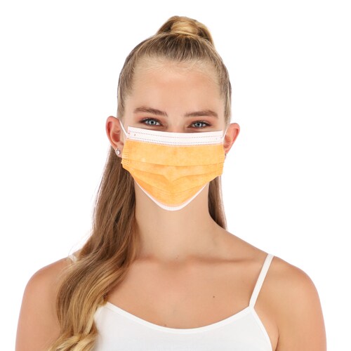 Caja Cubrebocas Hokins Termosellado Tricapa Desechable, 50 piezas, 5 prepack de 10 piezas cada uno, naranja