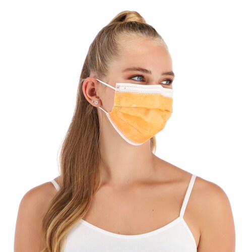 Caja Cubrebocas Hokins Termosellado Tricapa Desechable, 50 piezas, 5 prepack de 10 piezas cada uno, naranja