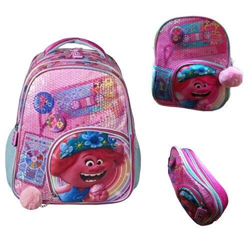Set combo de Trolls Mochila Primaria lonchera y lapicera lentejuelas