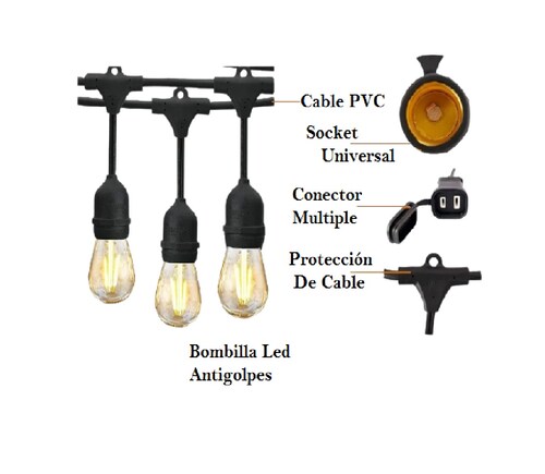 Serie De Luces Led De 7.30 Mt 12 Focos Vintage Decorativos Para Exteriores Fiestas Eventos