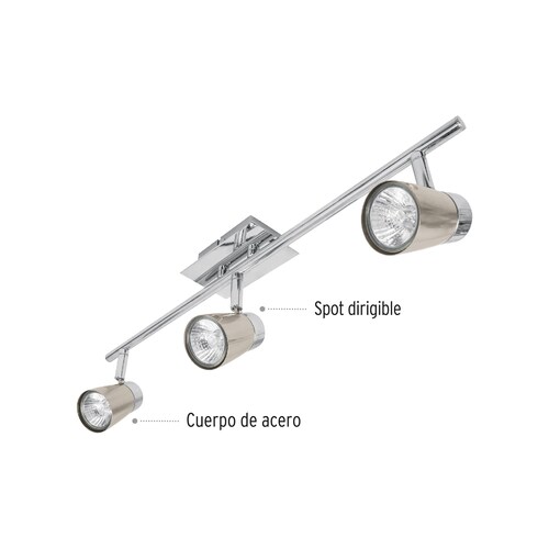 Lampara Luminaria Con 3 Spots de sobreponer, Compatibles con lámparas LED o Halógenas (NO Incluidas).