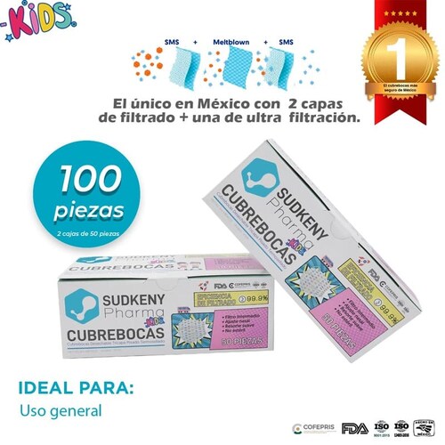 Cubrebocas quirúrgico desechable tricapa plisado termosellado SUDKENY KIDS, Caja c/100 piezas