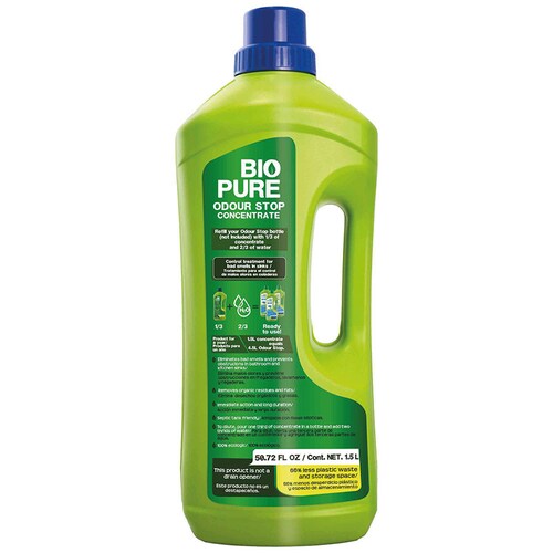 BIOPURE Tratamiento contra Malos olores en tuberías, coladeras, drenajes - Mezcle 1/3 parte de Odour Stop Concentrado con 2/3 partes de agua antes de usar - Baño y Cocina - Elimina olores y Evita obstrucciones en lavabos, fregaderos, regaderas - Odour Stop Concentrado (1.5 litros)