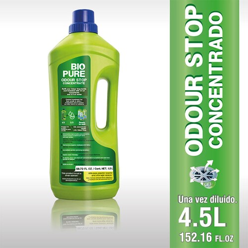 BIOPURE Tratamiento contra Malos olores en tuberías, coladeras, drenajes - Mezcle 1/3 parte de Odour Stop Concentrado con 2/3 partes de agua antes de usar - Baño y Cocina - Elimina olores y Evita obstrucciones en lavabos, fregaderos, regaderas - Odour Stop Concentrado (1.5 litros)