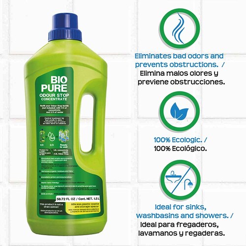 BIOPURE Tratamiento contra Malos olores en tuberías, coladeras, drenajes - Mezcle 1/3 parte de Odour Stop Concentrado con 2/3 partes de agua antes de usar - Baño y Cocina - Elimina olores y Evita obstrucciones en lavabos, fregaderos, regaderas - Odour Stop Concentrado (1.5 litros)