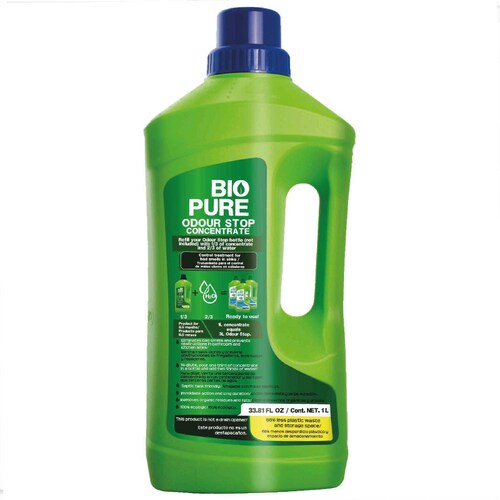 BIOPURE Tratamiento contra Malos olores en tuberías, coladeras, drenajes - Mezcle 1/3 parte de Odour Stop Concentrado con 2/3 partes de agua antes de usar - Baño y Cocina - Elimina olores y Evita obstrucciones en lavabos, fregaderos, regaderas - Odour Stop Concentrado (1 litro)