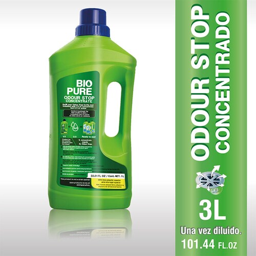 BIOPURE Tratamiento contra Malos olores en tuberías, coladeras, drenajes - Mezcle 1/3 parte de Odour Stop Concentrado con 2/3 partes de agua antes de usar - Baño y Cocina - Elimina olores y Evita obstrucciones en lavabos, fregaderos, regaderas - Odour Stop Concentrado (1 litro)