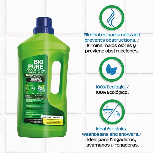 BIOPURE Tratamiento contra Malos olores en tuberías, coladeras, drenajes - Mezcle 1/3 parte de Odour Stop Concentrado con 2/3 partes de agua antes de usar - Baño y Cocina - Elimina olores y Evita obstrucciones en lavabos, fregaderos, regaderas - Odour Stop Concentrado (1 litro)