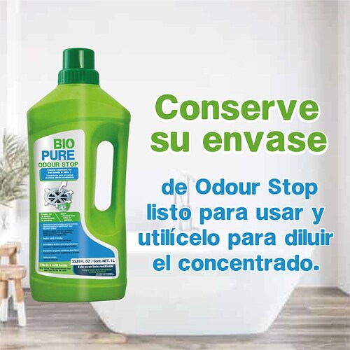BIOPURE Tratamiento contra Malos olores en tuberías, coladeras, drenajes - Mezcle 1/3 parte de Odour Stop Concentrado con 2/3 partes de agua antes de usar - Baño y Cocina - Elimina olores y Evita obstrucciones en lavabos, fregaderos, regaderas - Odour Stop Concentrado (1 litro)