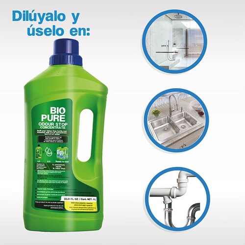 BIOPURE Tratamiento contra Malos olores en tuberías, coladeras, drenajes - Mezcle 1/3 parte de Odour Stop Concentrado con 2/3 partes de agua antes de usar - Baño y Cocina - Elimina olores y Evita obstrucciones en lavabos, fregaderos, regaderas - Odour Stop Concentrado (1 litro)