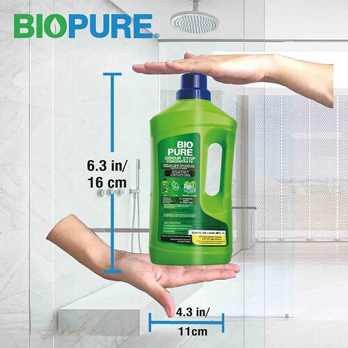 BIOPURE Tratamiento contra Malos olores en tuberías, coladeras, drenajes - Mezcle 1/3 parte de Odour Stop Concentrado con 2/3 partes de agua antes de usar - Baño y Cocina - Elimina olores y Evita obstrucciones en lavabos, fregaderos, regaderas - Odour Stop Concentrado (1 litro)