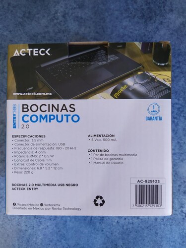 BOCINAS ENTRY 750 MULTIMEDIA 2.0 USB 1W 3.5MM CONTROL VOLUMEN AC-929103 NEGRO PC LAP COMPUTADORA