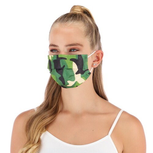 Caja Cubrebocas Termosellado Tricapa Desechable 30 piezas, camuflaje, negro, verde y naranja,