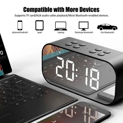 Reloj Despertador Altavoz Bluetooth Pantalla Digital Sonido Estéreo  Pantalla De Espejo Led Negro