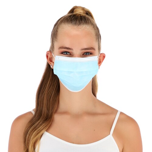 Caja Cubrebocas Hokins Termosellado Tricapa Desechable, 60 piezas en 20 paquetes de 3 piezas cada uno, azul, un gel de 250 ml