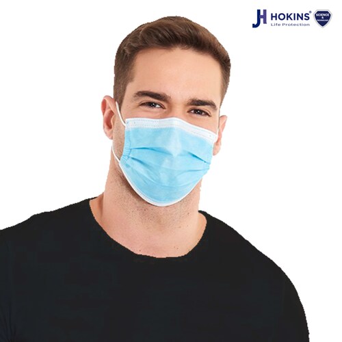 Caja Cubrebocas Hokins Termosellado Tricapa Desechable, 60 piezas en 20 paquetes de 3 piezas cada uno, azul, un gel de 250 ml