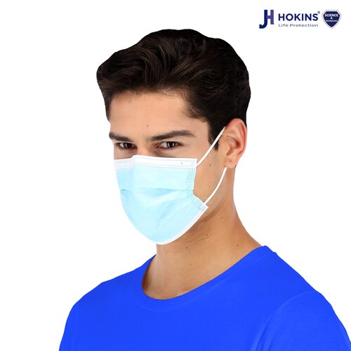 Caja Cubrebocas Hokins Termosellado Tricapa Desechable, 30 piezas color azul en 3 prepacks de 10 piezas cada uno