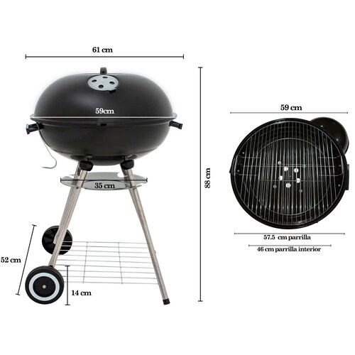 Asador de Carne Carbon Portatil 22 Pulgadas Acero Inoxidable 2 Parrillas  Ruedas