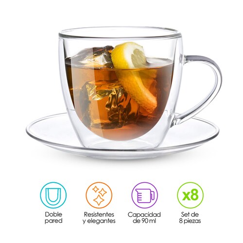 Tazas para Café de Doble Pared Térmica con Plato 4 Pz 90 ml Redlemon