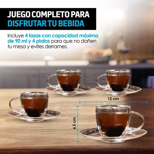 Tazas para Café de Doble Pared Térmica con Plato 4 Pz 90 ml Redlemon