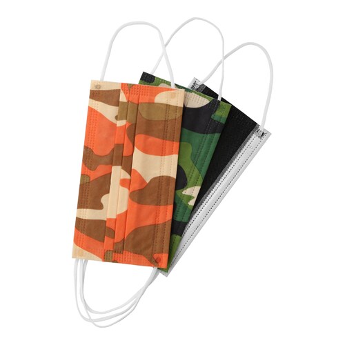 Caja Cubrebocas Termosellado Tricapa Desechable 30 piezas, camuflaje, negro, verde y naranja,