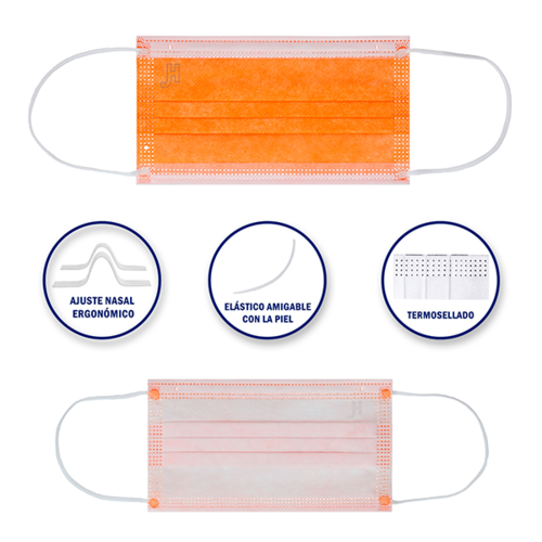 Caja Cubrebocas Hokins Termosellado Tricapa Desechable, 50 piezas, 5 prepack de 10 piezas cada uno, naranja